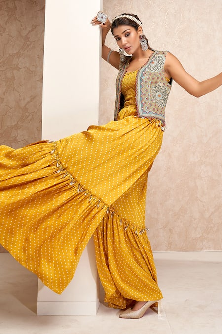 Aditi Somani_Yellow Modal, Satin Embroidery Bandhani Pattern Jumpsuit And Crop Jacket Set _Online_at_Aza_Fashions