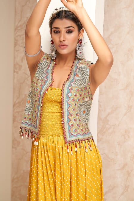 Buy_Aditi Somani_Yellow Modal, Satin Embroidery Bandhani Pattern Jumpsuit And Crop Jacket Set _Online_at_Aza_Fashions