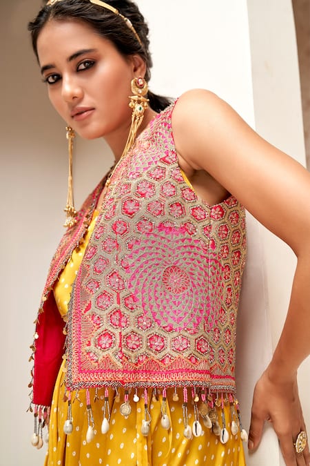 Aditi Somani_Yellow Modal, Satin Embroidery, Applique Crew Neck, Jacket With Dhoti Jumpsuit _Online_at_Aza_Fashions