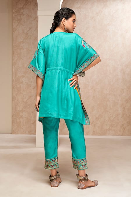 Shop Aditi Somani Blue Cotton, Silk Mirrors, Sequins, Embroidery V-neck Kaftan With Pant at Aza Fashions Shop_Aditi Somani_Blue Cotton, Silk Mirrors, Sequins, Embroidery V-neck Kaftan With Pant _at_Aza_Fashions