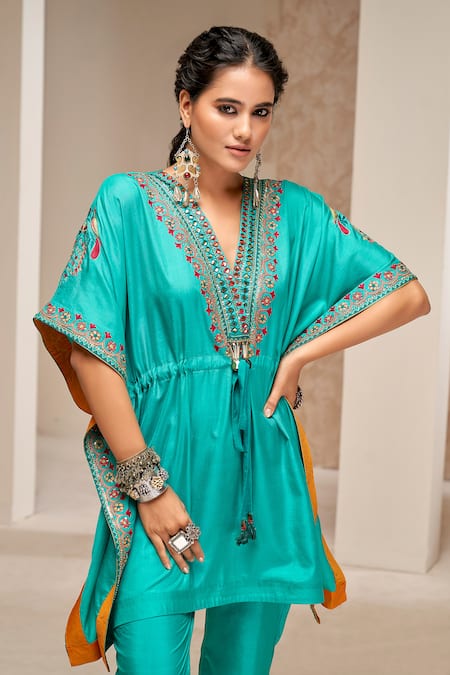 Aditi Somani Blue Cotton, Silk Mirrors, Sequins, Embroidery V-neck Kaftan With Pant Online at Aza Fashions Aditi Somani_Blue Cotton, Silk Mirrors, Sequins, Embroidery V-neck Kaftan With Pant _Online_at_Aza_Fashions