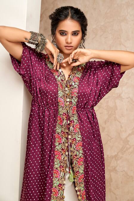 Aditi Somani Purple Modal, Crepe Floral Embroidered High Low Cape With Pant Online at Aza Fashions Aditi Somani_Purple Modal, Crepe Floral Embroidered High Low Cape With Pant _Online_at_Aza_Fashions