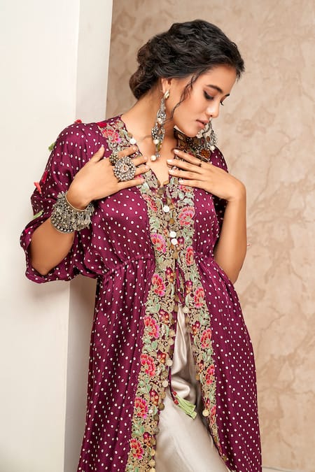 Buy Aditi Somani Purple Modal, Crepe Floral Embroidered High Low Cape With Pant Online at Aza Fashions Buy_Aditi Somani_Purple Modal, Crepe Floral Embroidered High Low Cape With Pant _Online_at_Aza_Fashions