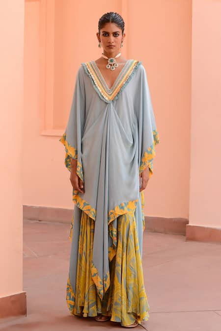 Rishi and Vibhuti Lagoon Draped Kaftan & Flared Pant Set 