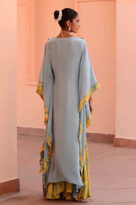 Rishi and Vibhuti Tropical Print Draped Kaftan & Pant Set 