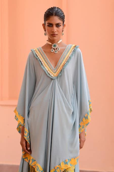 Rishi and Vibhuti_Blue V-neck Tropical Print Draped Kaftan And Pant Set _Online_at_Aza_Fashions