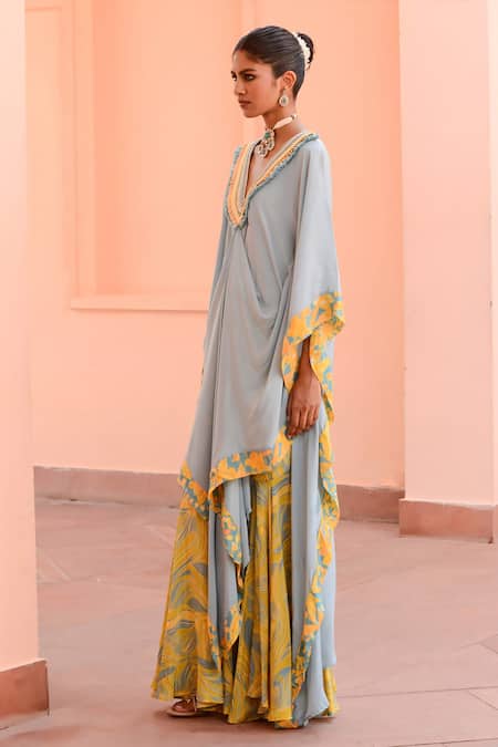 Buy_Rishi and Vibhuti_Blue V-neck Tropical Print Draped Kaftan And Pant Set _Online_at_Aza_Fashions