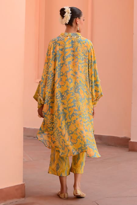 Shop Rishi and Vibhuti Blue Crepe Sequins V-neck Sunshine Printed Kaftan And Pant Set at Aza Fashions Shop_Rishi and Vibhuti_Blue Crepe Sequins V-neck Sunshine Printed Kaftan And Pant Set_at_Aza_Fashions