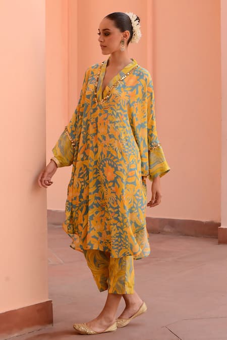Rishi and Vibhuti Blue Crepe Sequins V-neck Sunshine Printed Kaftan And Pant Set Online at Aza Fashions Rishi and Vibhuti_Blue Crepe Sequins V-neck Sunshine Printed Kaftan And Pant Set_Online_at_Aza_Fashions