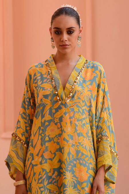 Buy Rishi and Vibhuti Blue Crepe Sequins V-neck Sunshine Printed Kaftan And Pant Set Online at Aza Fashions Buy_Rishi and Vibhuti_Blue Crepe Sequins V-neck Sunshine Printed Kaftan And Pant Set_Online_at_Aza_Fashions