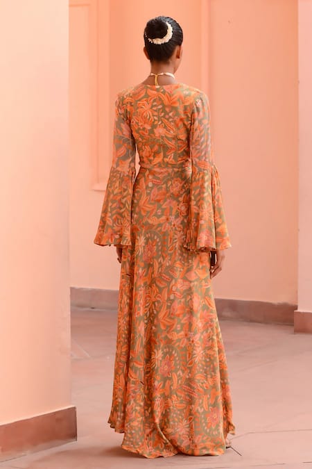 Shop Rishi and Vibhuti Peach Crepe Sequins, Lace Scoop Neck Coral Tropical Print Wrap Anarkali at Aza Fashions Shop_Rishi and Vibhuti_Peach Crepe Sequins, Lace Scoop Neck Coral Tropical Print Wrap Anarkali _at_Aza_Fashions