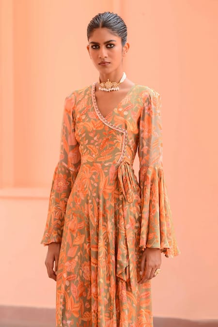 Rishi and Vibhuti Peach Crepe Sequins, Lace Scoop Neck Coral Tropical Print Wrap Anarkali Online at Aza Fashions Rishi and Vibhuti_Peach Crepe Sequins, Lace Scoop Neck Coral Tropical Print Wrap Anarkali _Online_at_Aza_Fashions
