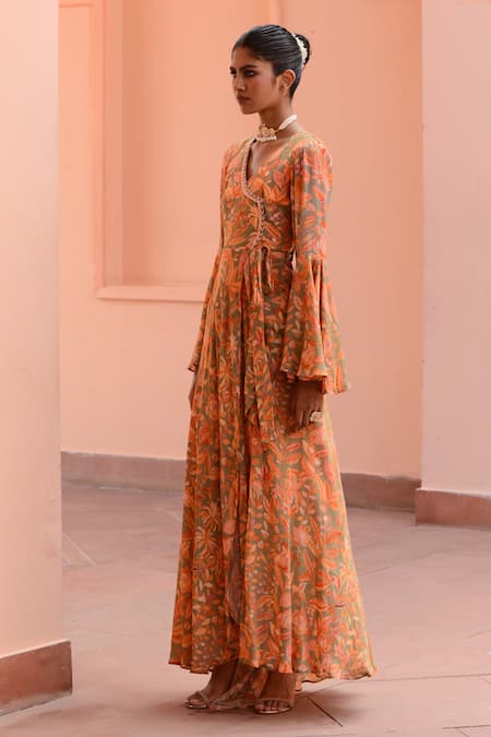 Buy Rishi and Vibhuti Peach Crepe Sequins, Lace Scoop Neck Coral Tropical Print Wrap Anarkali Online at Aza Fashions Buy_Rishi and Vibhuti_Peach Crepe Sequins, Lace Scoop Neck Coral Tropical Print Wrap Anarkali _Online_at_Aza_Fashions