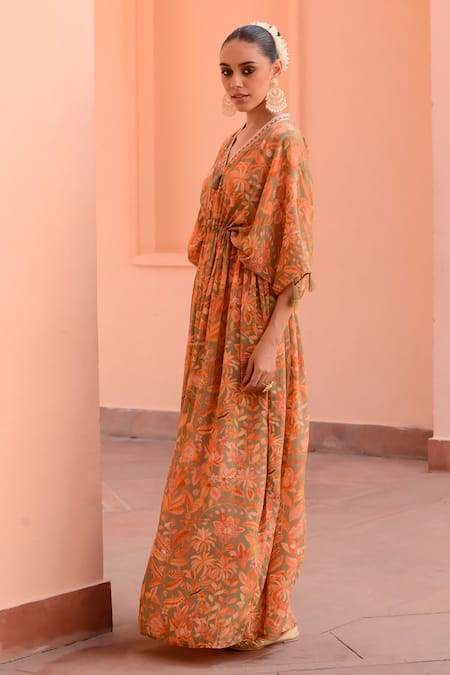 Rishi and Vibhuti_Peach Crepe Tassels V-neck Mirage Tropical Print Kaftan _Online_at_Aza_Fashions
