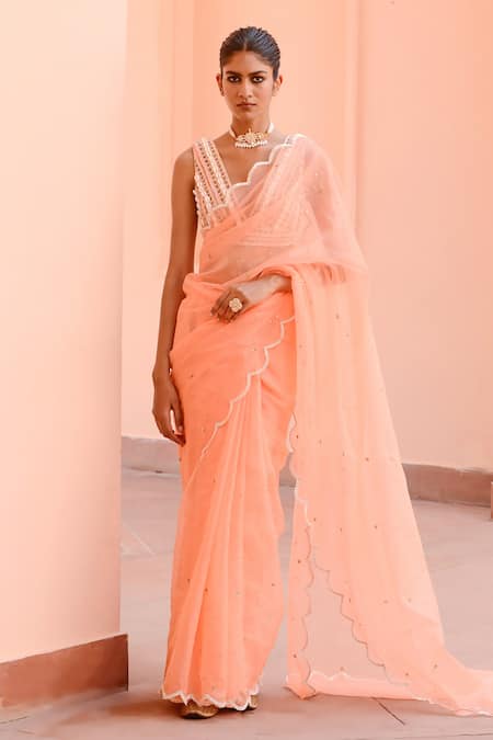 Rishi & Vibhuti Peach Crepe Embroidered And Printed Lace Deep Crush Saree & Blouse Set 
