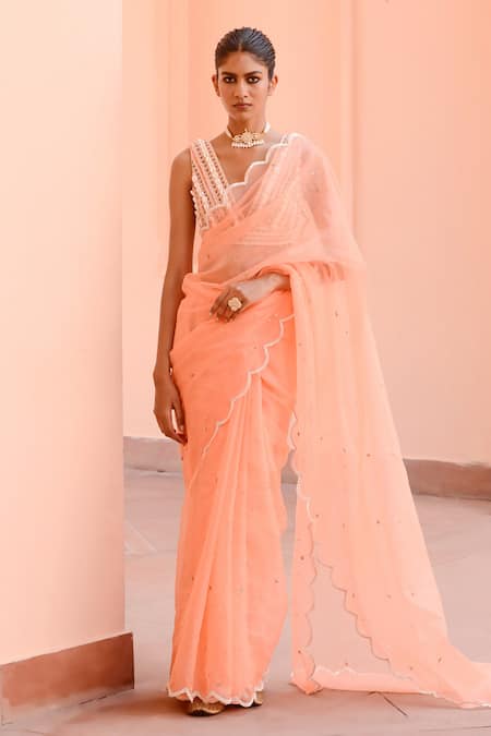 Buy Rishi and Vibhuti Peach Crepe Sequins, Beads, Lace V-neck Crush Embroidered Saree And Blouse Set Online at Aza Fashions Buy_Rishi and Vibhuti_Peach Crepe Sequins, Beads, Lace V-neck Crush Embroidered Saree And Blouse Set _Online_at_Aza_Fashions