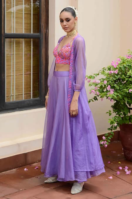 Rishi and Vibhuti Purple Crepe, Organza Sequins, Orchid Bloom Border Printed Jacket Lehenga Set Online at Aza Fashions Rishi and Vibhuti_Purple Crepe, Organza Sequins, Orchid Bloom Border Printed Jacket Lehenga Set _Online_at_Aza_Fashions