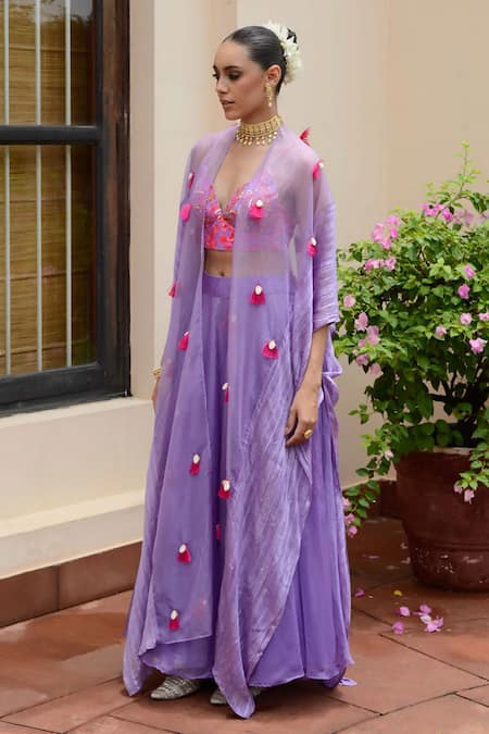 Rishi and Vibhuti Purple Crepe, Organza Sequins, Embroidery Sweetheart Shell Cape Lehenga Set Online at Aza Fashions Rishi and Vibhuti_Purple Crepe, Organza Sequins, Embroidery Sweetheart Shell Cape Lehenga Set _Online_at_Aza_Fashions