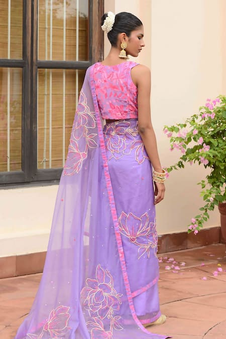 Shop Rishi and Vibhuti Purple Organza, Crepe Embroidery, Sequins, Beads Placement Saree With Blouse at Aza Fashions Shop_Rishi and Vibhuti_Purple Organza, Crepe Embroidery, Sequins, Beads Placement Saree With Blouse _at_Aza_Fashions