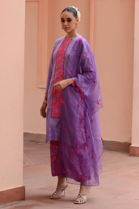 Rishi and Vibhuti_Purple Cotton, Crepe, Chiffon Tassels, Embroidery Placement Printed Kurta Set_Online_at_Aza_Fashions