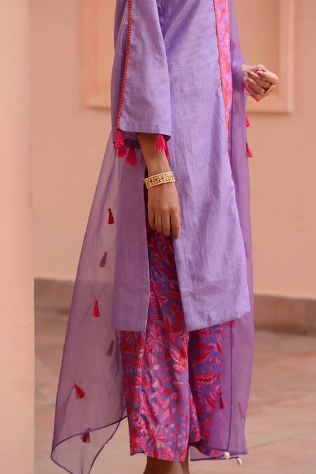 Buy_Rishi and Vibhuti_Purple Cotton, Crepe, Chiffon Tassels, Embroidery Placement Printed Kurta Set_Online_at_Aza_Fashions