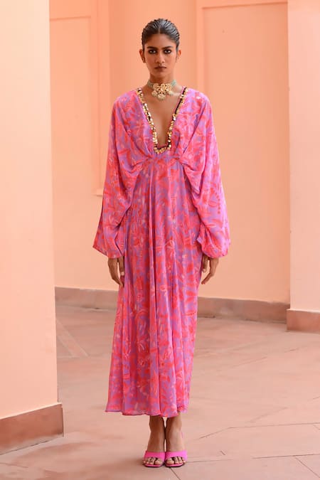 Rishi and Vibhuti Purple Crepe Printed Floral Plunge V Neck Serenity Kaftan 