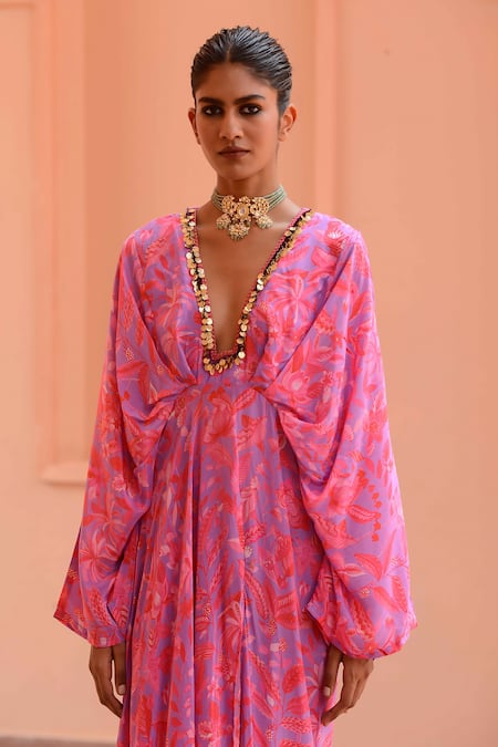 Rishi and Vibhuti_Purple Crepe Embroidery, Sequins Plunge Neck Serenity Floral Print Kaftan _Online_at_Aza_Fashions