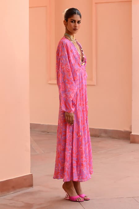 Buy_Rishi and Vibhuti_Purple Crepe Embroidery, Sequins Plunge Neck Serenity Floral Print Kaftan _Online_at_Aza_Fashions