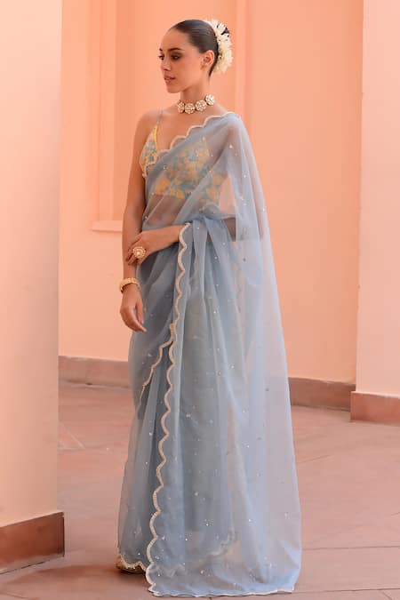 Buy Rishi and Vibhuti Blue Crepe, Organza Sequins, Beads, Embroidery V-neck Saree With Blouse Online at Aza Fashions Buy_Rishi and Vibhuti_Blue Crepe, Organza Sequins, Beads, Embroidery V-neck Saree With Blouse _Online_at_Aza_Fashions