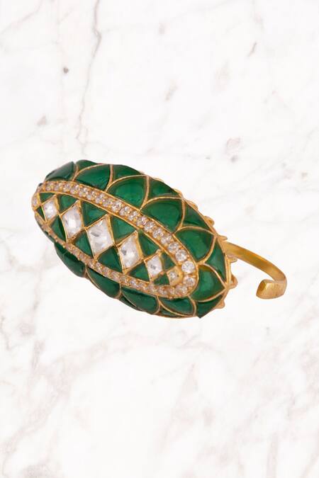 Shop Kaari Gold Plated Gemstones, Diamonds Emerald Vellore Polki Two Finger Ring at Aza Fashions Shop_Kaari_Gold Plated Gemstones, Diamonds Emerald Vellore Polki Two Finger Ring_at_Aza_Fashions