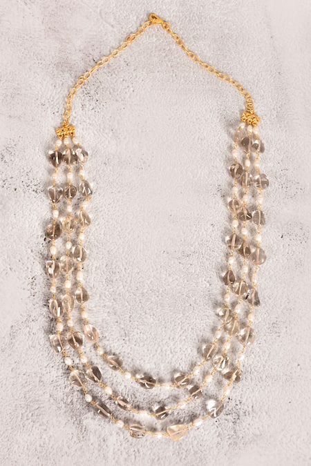 Shop Moh-Maya By Disha Khatri Beige Layered Necklace With Cream Beads And Pearls at Aza Fashions Shop_Moh-Maya By Disha Khatri_Beige Layered Necklace With Cream Beads And Pearls _at_Aza_Fashions