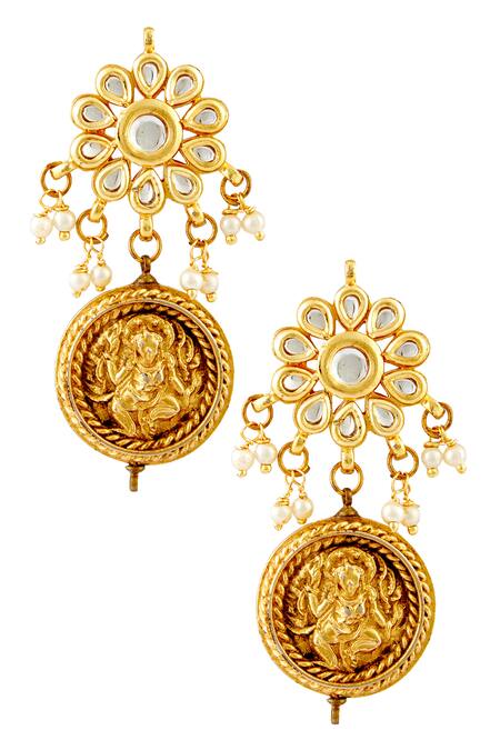 Shop Just Shradhas Gold Plated Kundan Temple Motif Danglers at Aza Fashions Shop_Just Shradhas_Gold Plated Kundan Temple Motif Danglers_at_Aza_Fashions