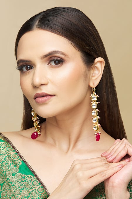 Just Shradhas Gold Plated Pearls, Beads Kundan Drop Earrings