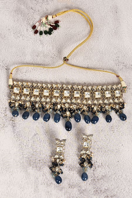 Shop Moh-Maya By Disha Khatri Blue Stones, Beads Embellished Choker And Earring Set at Aza Fashions Shop_Moh-Maya By Disha Khatri_Blue Stones, Beads Embellished Choker And Earring Set _at_Aza_Fashions