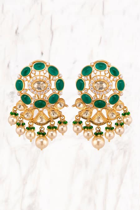 Kaari Gold Floral Polki Pearl Drop Danglers 