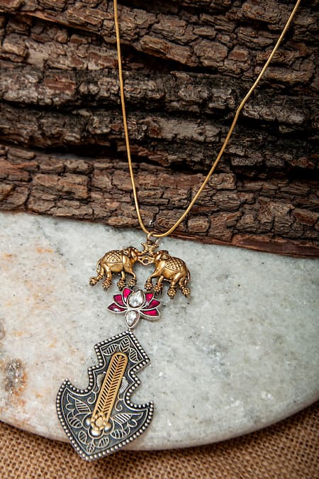 Shop Neeta Boochra Gold Plated Elephant And Lotus Carved Necklace at Aza Fashions Shop_Neeta Boochra_Gold Plated Elephant And Lotus Carved Necklace _at_Aza_Fashions