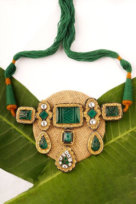 Shop Neeta Boochra Gold Plated Thread, Kundan, Glass, Onyx Embellished Choker at Aza Fashions Shop_Neeta Boochra_Gold Plated Thread, Kundan, Glass, Onyx Embellished Choker_at_Aza_Fashions