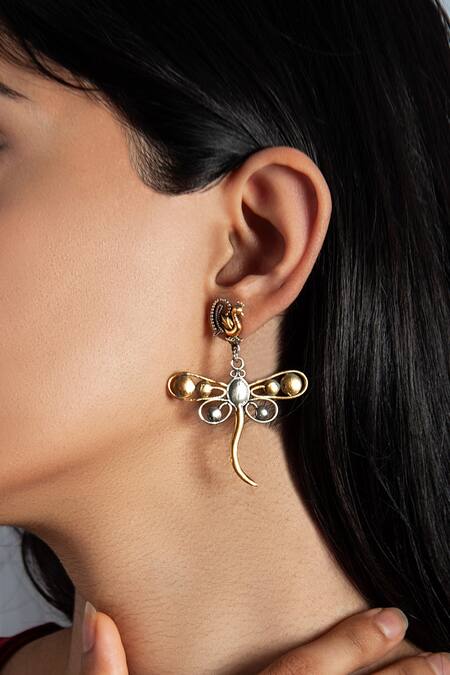 Buy Neeta Boochra Gold Plated Two Tone Butterfly Earrings at Aza Fashions Buy_Neeta Boochra_Gold Plated Two Tone Butterfly Earrings_at_Aza_Fashions