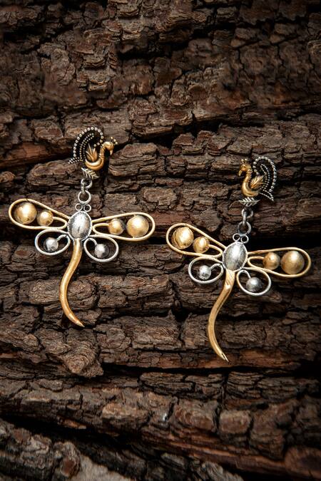 Shop Neeta Boochra Gold Plated Two Tone Butterfly Earrings at Aza Fashions Shop_Neeta Boochra_Gold Plated Two Tone Butterfly Earrings_at_Aza_Fashions