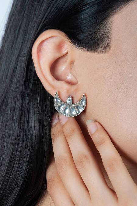 Buy Neeta Boochra Silver Plated Kundans Chaand Stud Earrings at Aza Fashions Buy_Neeta Boochra_Silver Plated Kundans Chaand Stud Earrings_at_Aza_Fashions