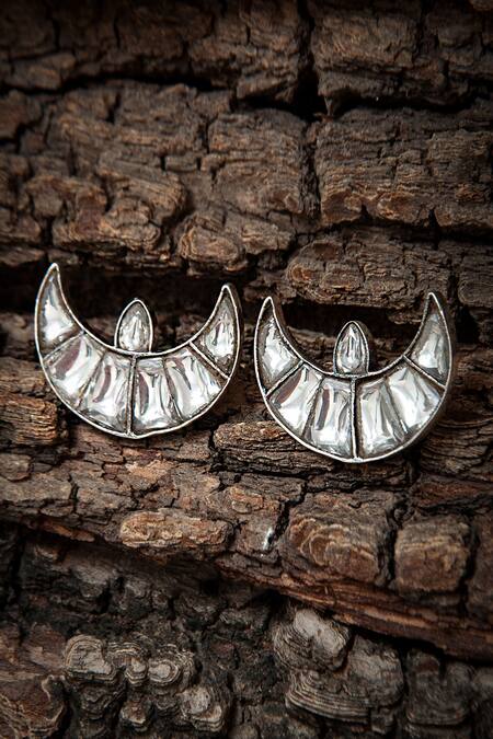 Shop Neeta Boochra Silver Plated Kundans Chaand Stud Earrings at Aza Fashions Shop_Neeta Boochra_Silver Plated Kundans Chaand Stud Earrings_at_Aza_Fashions