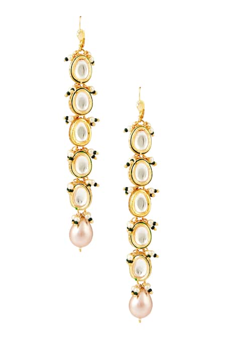 Shop Just Shradhas Gold Plated Pearls, Beads, Diamonds Tiered Kundan Earrings at Aza Fashions Shop_Just Shradhas_Gold Plated Pearls, Beads, Diamonds Tiered Kundan Earrings _at_Aza_Fashions