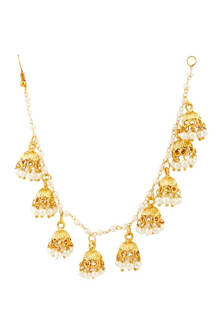 Shop_Just Shradha's_Gold Plated Pearls Jhumki Tassel Ear Chain _at_Aza_Fashions