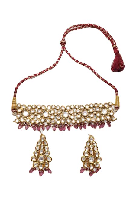 Shop_Minaki_Gold Plated Beads, Diamonds Kundan Choker Set _at_Aza_Fashions