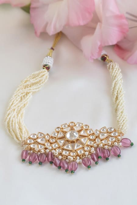 Shop_Nepra By Neha Goel_Pink Kundan Polki Studded Geometric Necklace _at_Aza_Fashions