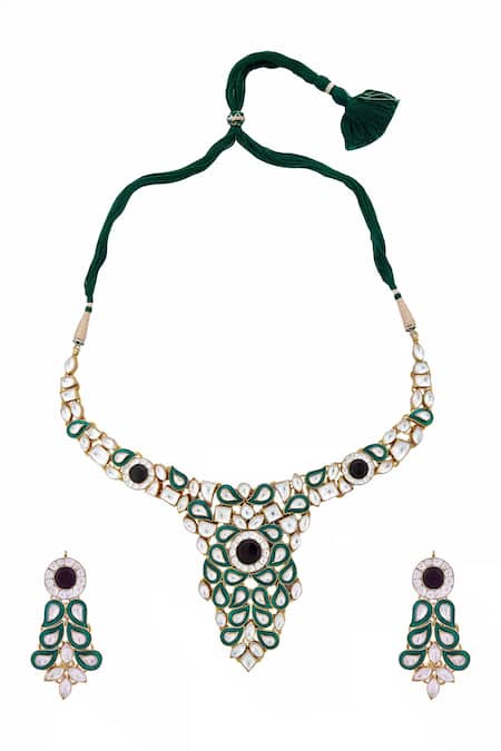 Shop_Minaki_Gold Plated Stones Jadau Choker Set _at_Aza_Fashions