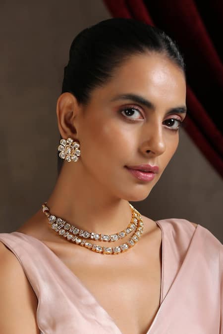 Buy_Swabhimann_White Zari Layered Embellished Necklace Set _Online_at_Aza_Fashions