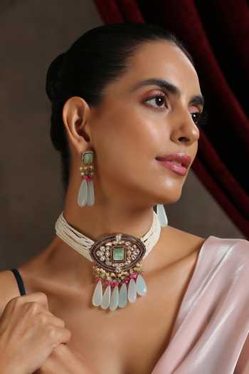 Shop_Swabhimann_Silver Plated Pearls Kundan Embellished Choker Set _Online_at_Aza_Fashions