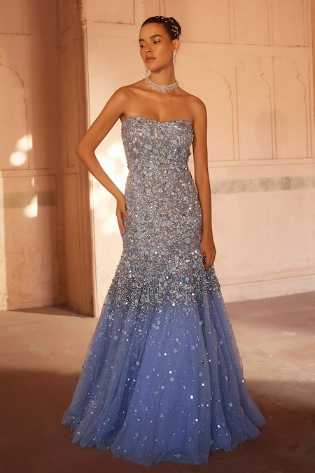 Prevasu Blue Net Sequins Sweetheart Neck Falak Embellished Fish Cut Gown Online at Aza Fashions Prevasu_Blue Net Sequins Sweetheart Neck Falak Embellished Fish Cut Gown _Online_at_Aza_Fashions
