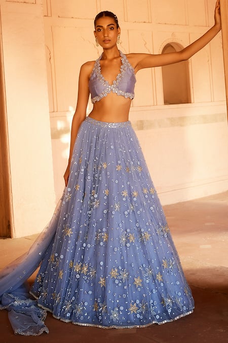 Prevasu_Blue Silk, Net Embroidery, Sequins Fiza Floral Applique Embellished Lehenga Set _Online_at_Aza_Fashions